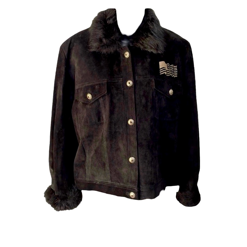 CHAR vintage woman’s black suede jacket Lady Liberty & Flag, fur, 8, EUC